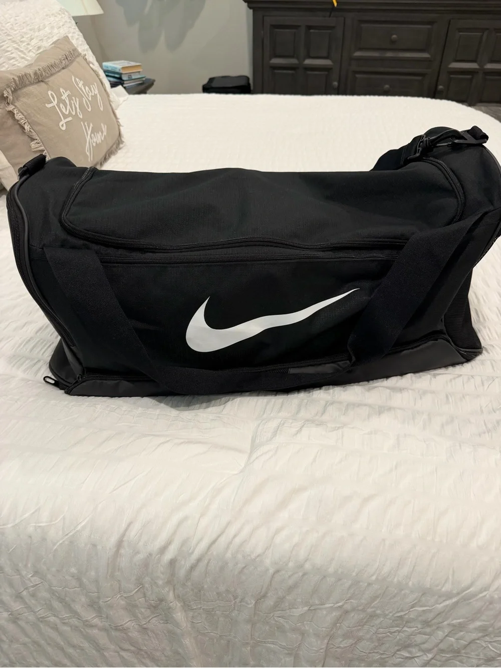 Nike Black Duffel with White Swoosh Logo
